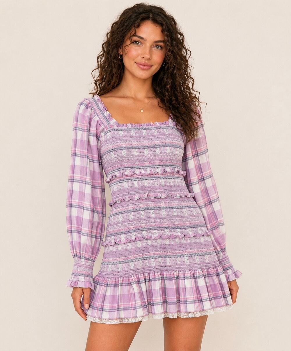 LoveShackFancy Stanley Plaid P/00/XXS Lilac Shores Mini Dress Purple Smocked
